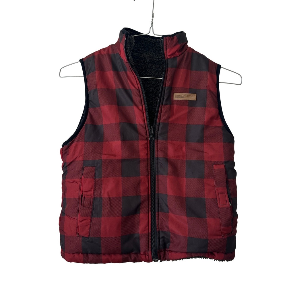 Buffalo David Bitton Kids Red Black Buffalo Plaid Sherpa Lined Puffer Vest S 7/8